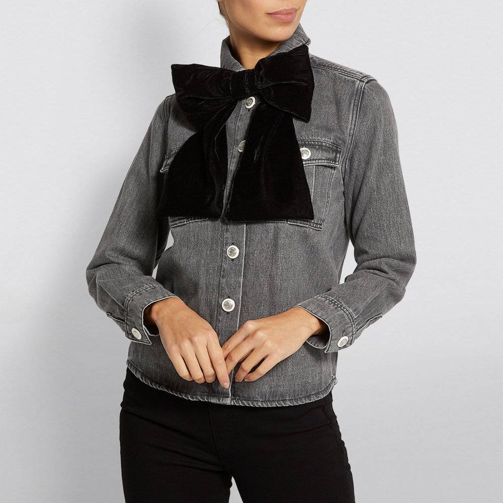95% new MAJE BLACK GRAY JEAN JACKET, WITH BOW TIE, SIZE 2